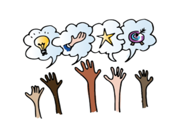 cartoon hands reaching up to speech bubbles with light bulb, star, hand symbols in them