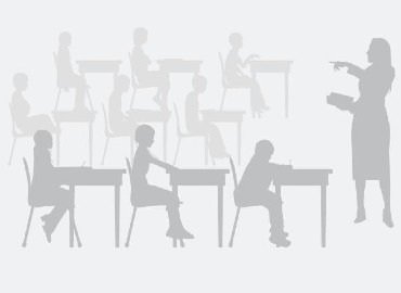 Cartoon of a teacher at the front of a classroom and students sat at desks