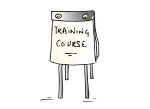 Cartoon flipchart board with "training course" written on it