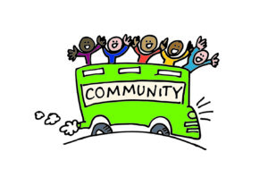 An illustration of an open top double-decker bus with COMMUNITY written on the side with people on the top of the bus cheering