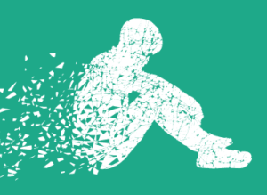 turquoise background with white silhouette of sitting child made out of small pieces, which are blowing away from the left