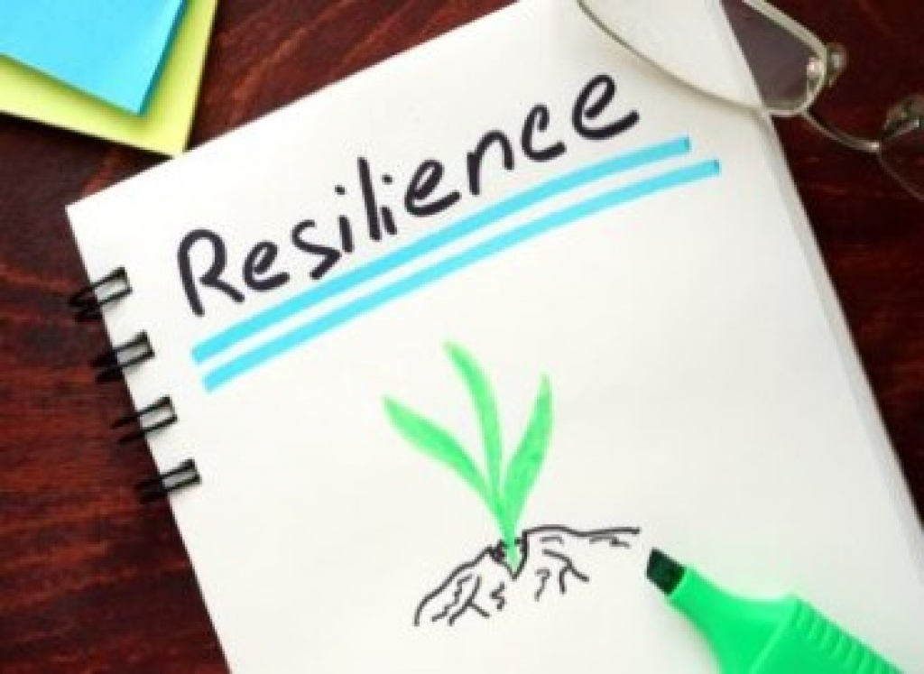 A notebook with the word Resilience written on it and underlined with a highlighter, with a drawing of a plant shoot pushing up through a crack in some soil