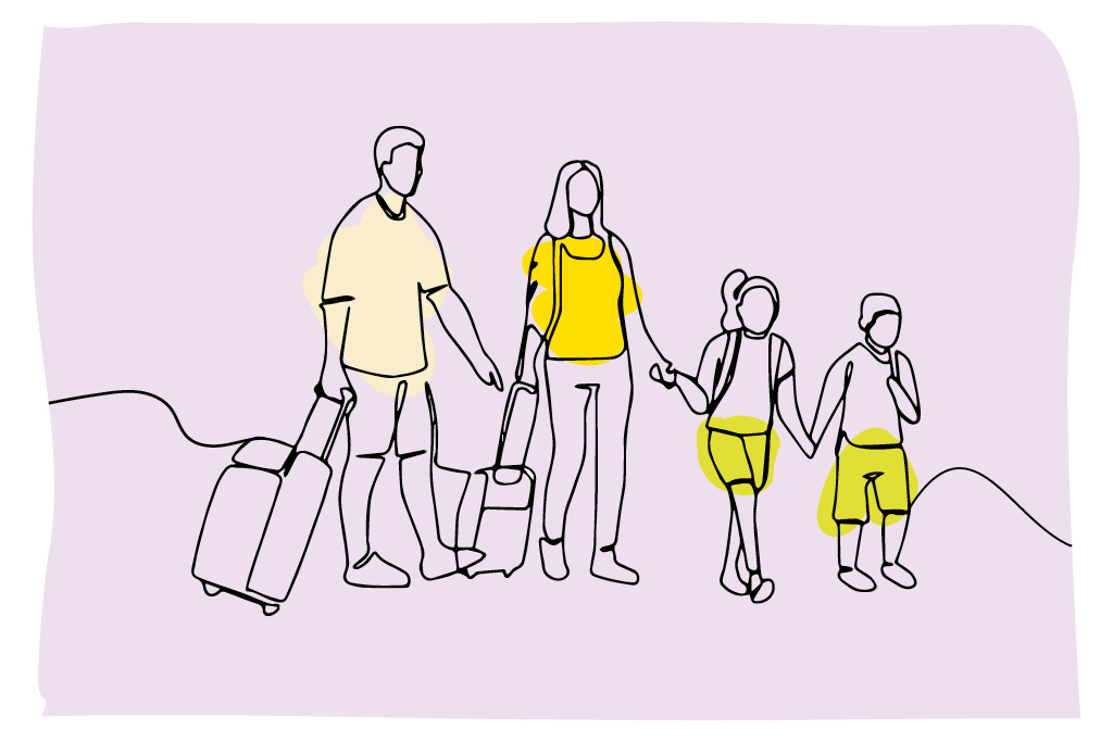 illustration of a family holding hands and wheeling suitcases along