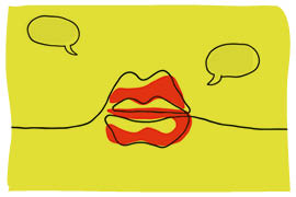 line drawing of lips and speech bubbles on yellow background