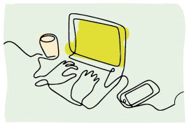 A line drawing of a laptop and hands, a cup and a mobile phone