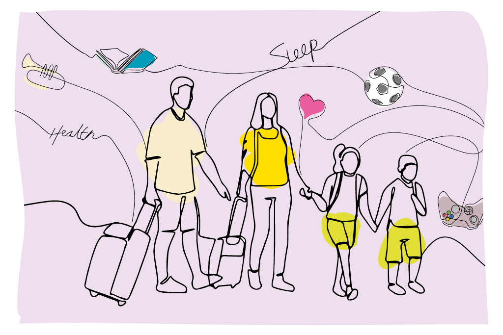 line drawing of two adults with suitcases and boy and girl, surrounded by words, a trumpet, book, football, games controller, heart