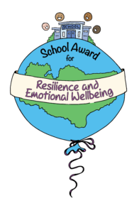 School award for resilience and wellbeing image - globe balloon with school and happy faces on top of it
