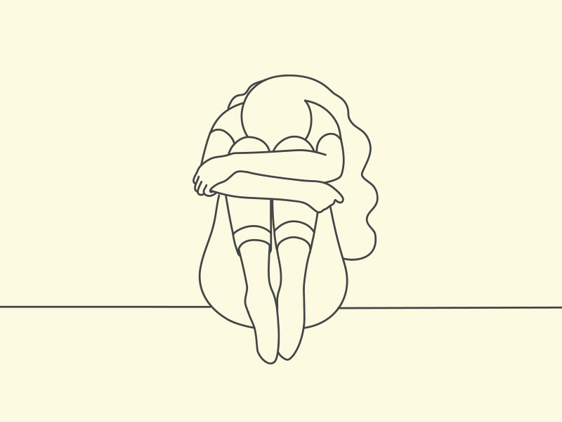 Sketch of a person hugging their knees and looking downwards