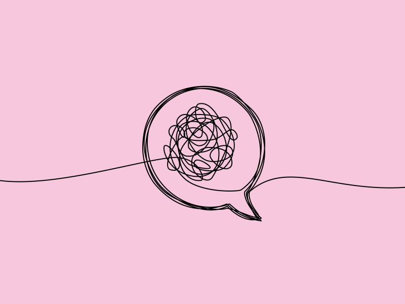 sketch of speech bubble with tangled string inside