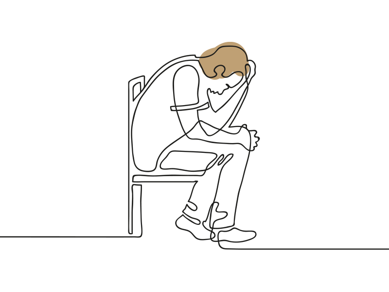 Sketch of boy sitting on a chair with his head in his hands