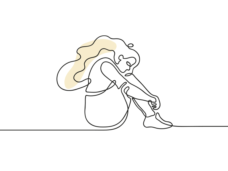 sketch of a girl sitting hugging her knees to her ches