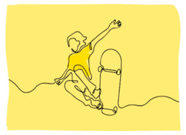 Line drawing of a young person skateboarding on a yellow background