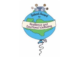Blue cartoon balloon on a white background with 'resilience and emotional wellbeing banner' and a cartoon school on top of the balloon