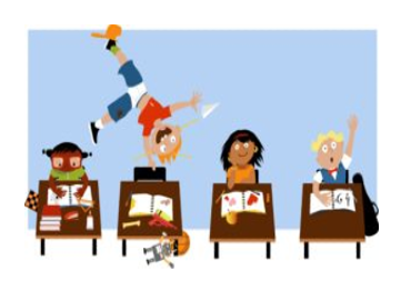 cartoon of children sitting at desks in a classroom with one child doing a cartwheel