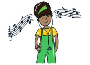 Picture of a young person with headphones on and music playing behind her