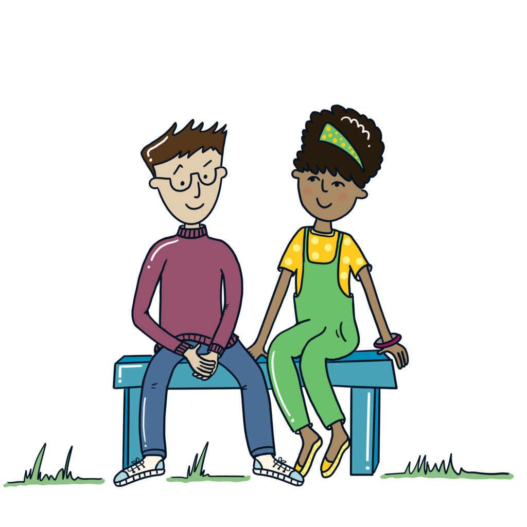 A boy and a girl sitting on a bench together