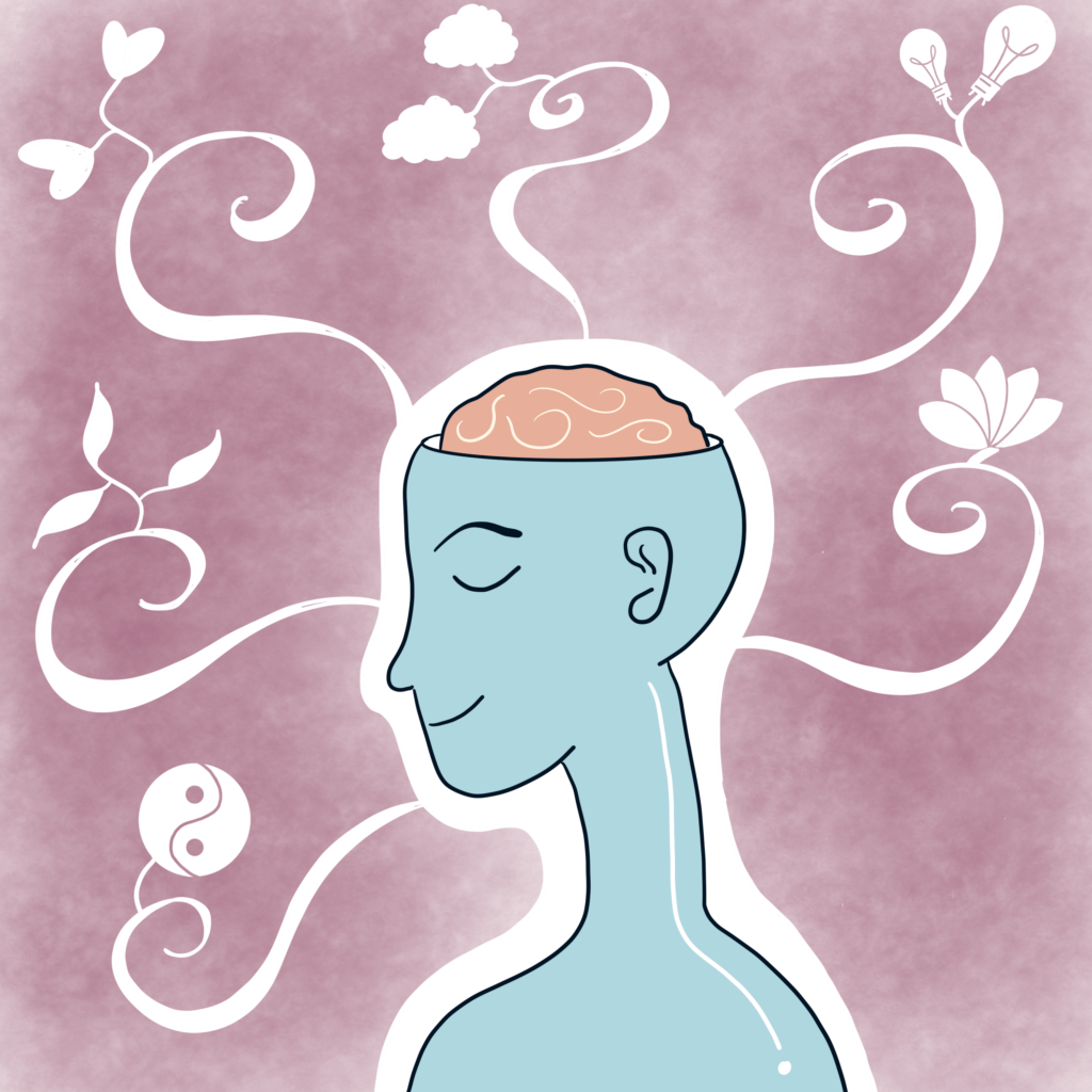 cartoon image of a head with peaceful images growing from it