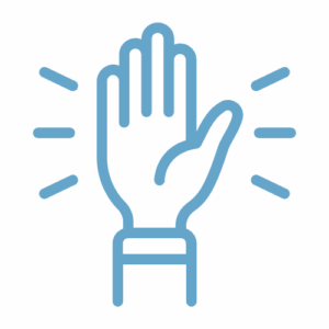 a raised hand in blue, an icon for getting help