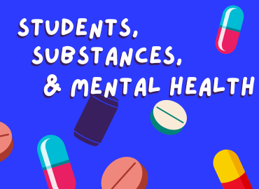 blue background, text 'students, substances and mental health' with images of substances