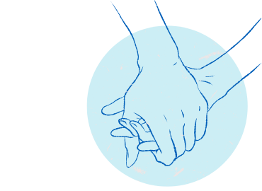 two hands holding in hand drawn image with a blue circle