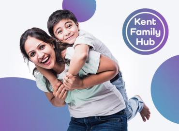 Kent Family Hub logo and a woman with child on back