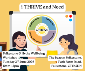 i-THRIVE and Need Folkestone & Hythe Workshop post with date, time and location. Shows a teacher and student discussing next to a whiteboard.