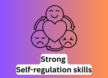 Heart surrounded by three emojis and written underneath 'strong self regulation skills'
