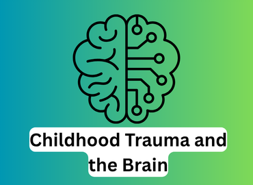Childhood Trauma and the brain on a coloured background with an image of a brain