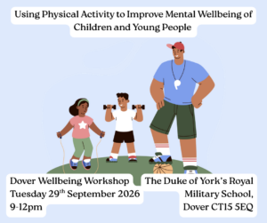 Teacher with two children doing physical activity. Text detailing workshop information