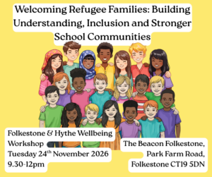 Group of children and young people with yellow background and detaisl of Folkestone Workshop