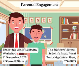 Dad and son stood in a classroom with workshop details